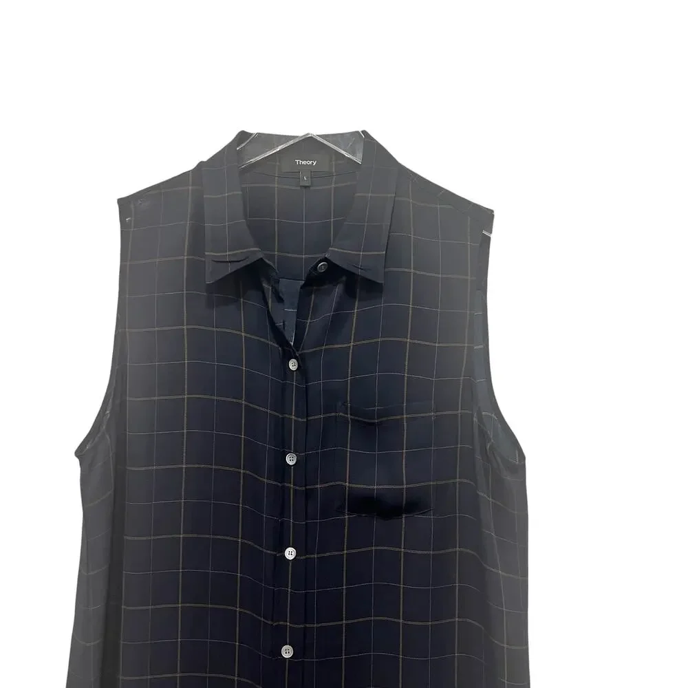 Theory Silk Blouse Tile Print Yarine Navy Blue Brown Sleeveless Size‎ L Academia